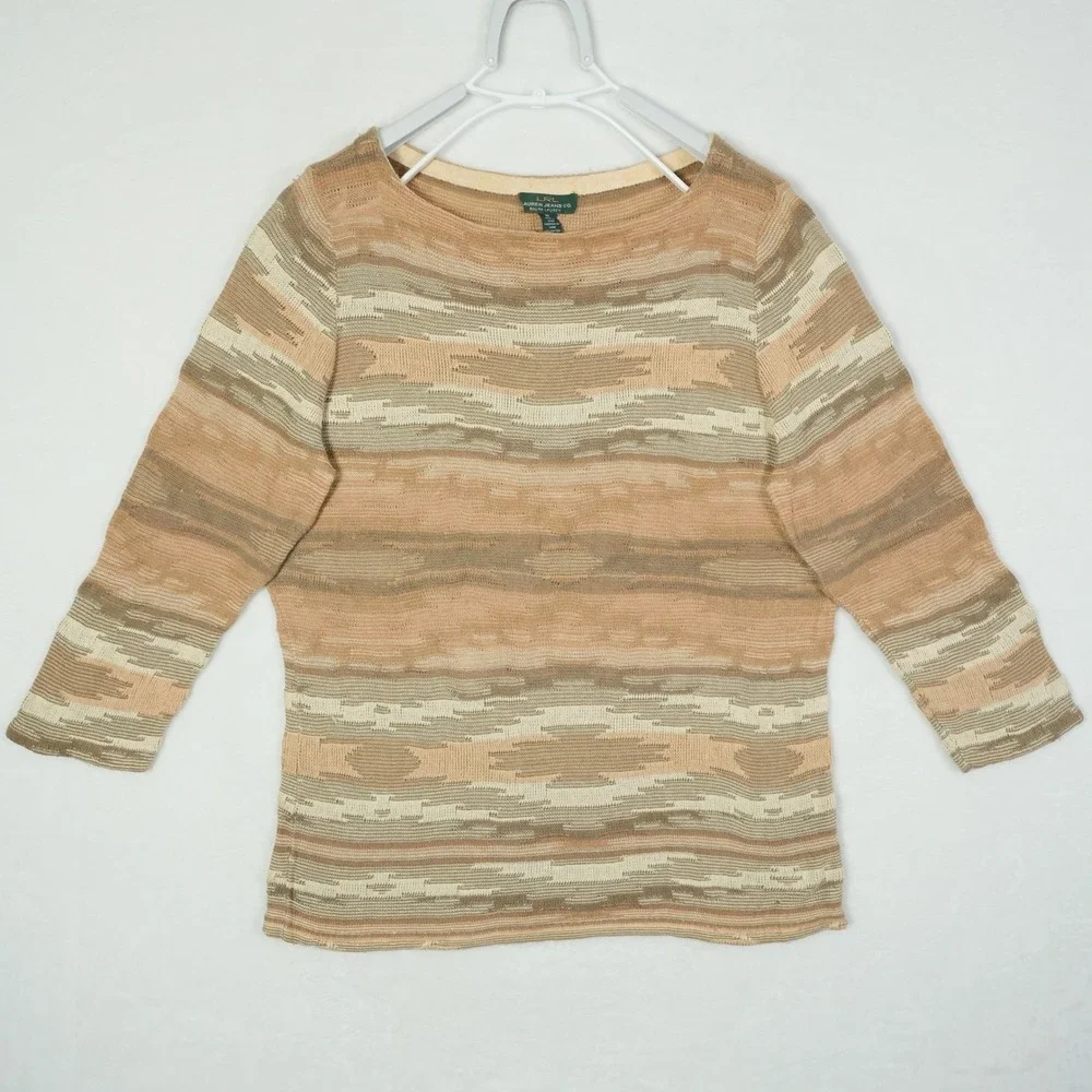LRL Ralph Lauren Southwest Boat Neck 3/4 Sleeve Linen Blend Knit Sweater XL‎